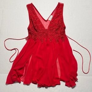 FLORA NIKROOZ Vintage Lingerie Red Lace Sheer Mini Dress V-Neck Saks Fifth Ave S